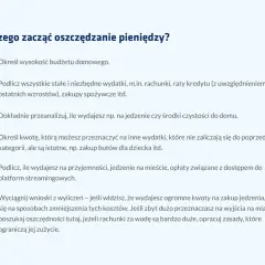 Lista kroków, jak zacząć oszczędzać pieniądze: budżet, stałe wydatki, analiza bieżących kosztów, wyznaczanie kwot na inne potrzeby, przyjemności i wnioski.