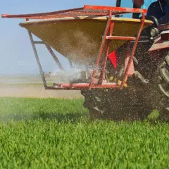 Ciągnik z rozsiewaczem na polu, kiedy siać wapno granulowane.