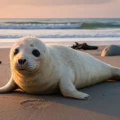 Młoda foka na piaszczystej plaży, z morzem w tle. To urocze stworzenie to jeden z wielu mieszkańców polskiego wybrzeża.