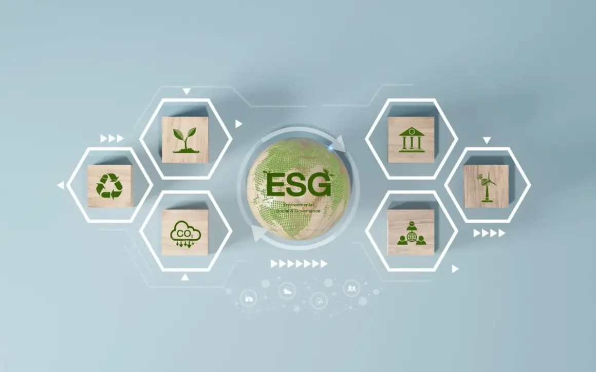 Grafika wyjaśnia, esg co to jest: środowisko, społeczeństwo i ład korporacyjny. Ikony symbolizują zrównoważony rozwój, recykling, redukcję CO2, bankowość, energię wiatrową i współpracę.
