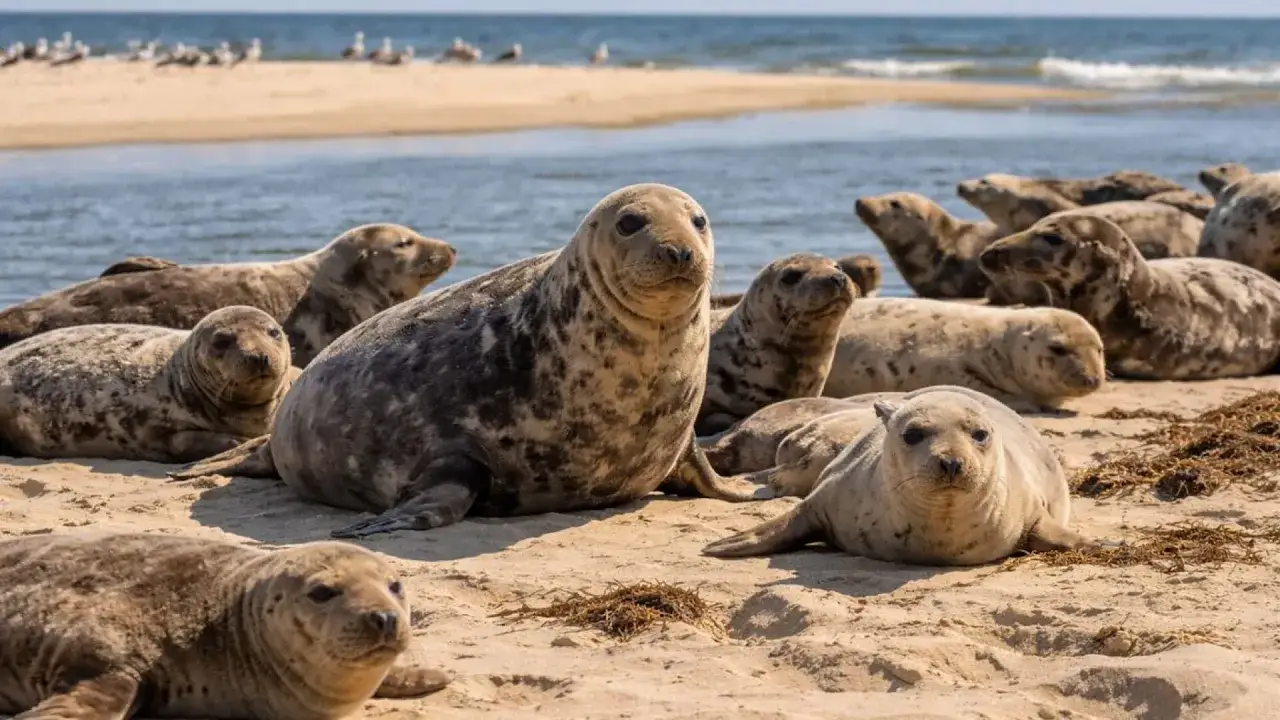 Foki wylegujące się na piaszczystej plaży, gdzie żyją foki. W tle widać morze i mewy.